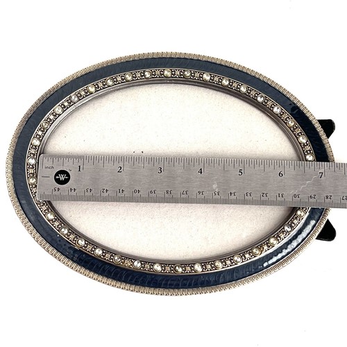 Vintage 5x7 Oval Silver Metal Blue Enamel Rhinestone Ornate Picture Frame - Picture 12 of 12