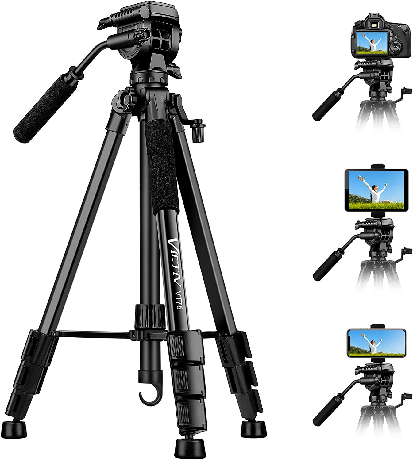 73 inch Tripod for Camera with Fluid Head, Tall Camera Stand Tripod Heavy Duty w