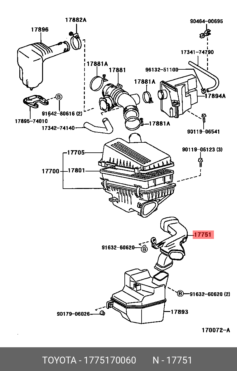 Genuine OE inlet, air cleaner, no.1, 1775170060 for TOYOTA 17751 