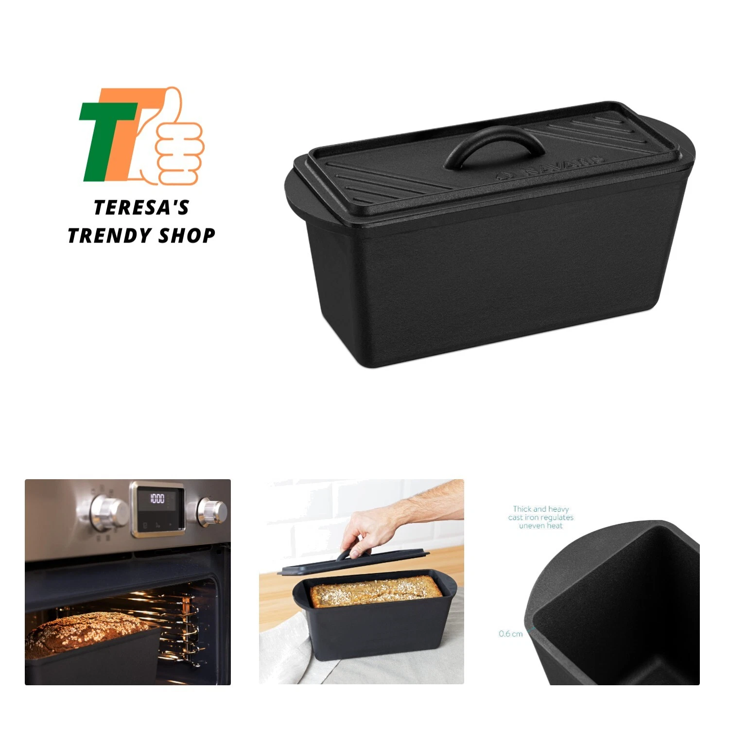 Cast Iron Bread Loaf Pan with Lid, 13x5 inches, Black