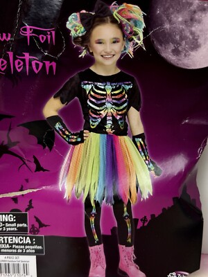 SIZE M 7-8 Halloween Costume NEW Girls Rainbow Foil Skeleton 4 Pc Set Skirt Hair