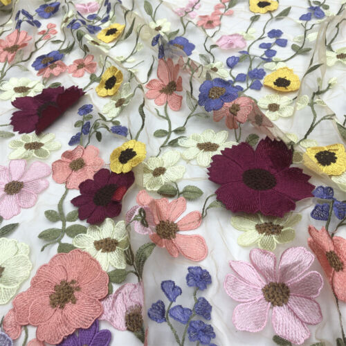 Multi-color 3D Flowers Applique Embroidery Tulle Wedding Fairy Prom Dress Fabric - Picture 3 of 13