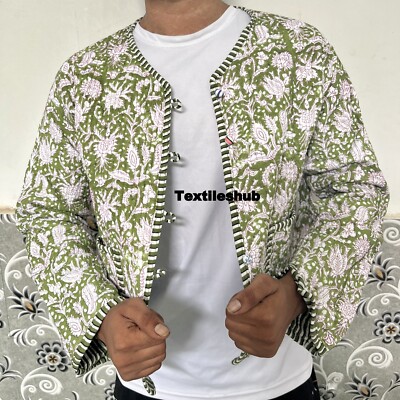 Indisch Grün Blumenmuster Steppjacke Handmade 100% Cotton Jacke Damen Bekleidung