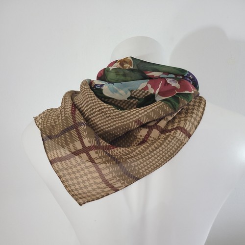 ECHO Floral Check 100% Silk Square Scarf 64" X 8" Rolled Hems VTG - 第 10/10 張圖片
