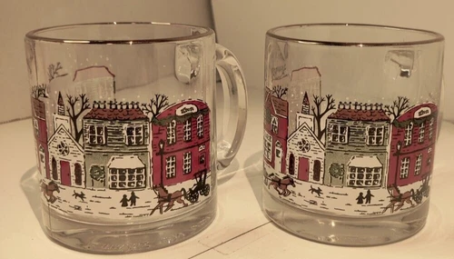VTG 2 LIBBEY WINTER VILLAGE CHRISTMAS/HOLIDAY GLASS MUGS