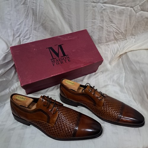 Maison Forte Cognac Leather Basket Weave Sides Dress Shoes Shoe Trees Box 13M - Picture 1 of 23