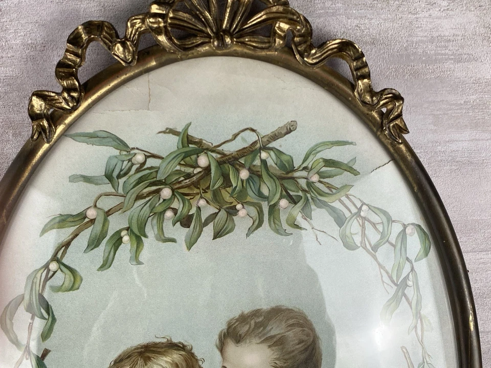 Antiguo marco ovalado de vidrio convexo burbuja de latón de 12” x 19” con impresión Foto 4 de 4