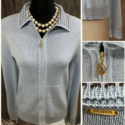 St John Sport Jacket L Blue Santana Knit Zip Up Cruise 2003 Contrast Trim Logo