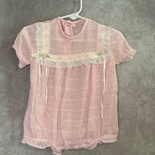 Vintage 80s Mothercare Kids World Pink and White Lace Eyelet Romper Size 18 mo
