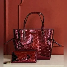 Michael Kors Voyager Large Metallic Logo Tote Bag +Continental Wallet Set Cherry