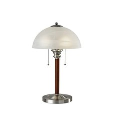 Table Lamp with Dual Pull Chains, Walnut Rubberwood Finish, Frosted Glass Sha...