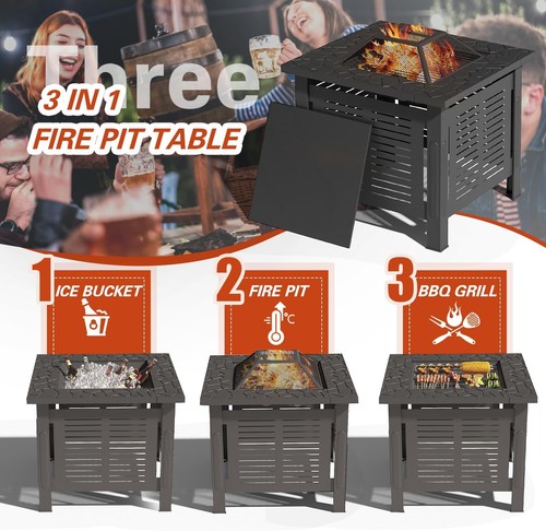 3-in-1 Fire Pit Table – Wood Burning BBQ Metal with Waterproof Cover, Outdoor - Picture 13 of 32