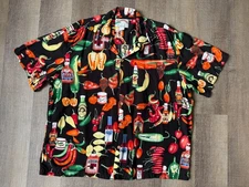 Vintage Paradise Found Hawaiian Shirt Sz XL Chili Peppers Hot Sauce Black Rayon