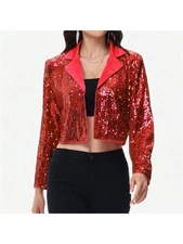 Women's Sparkly Crop Sequin Blazer Jacket Long Sleeve Party Club Cardigan Out