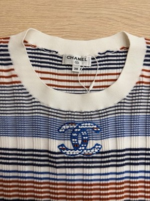 Chanel 21C Blue White Orange Striped CC Logo Top Short Sleeve