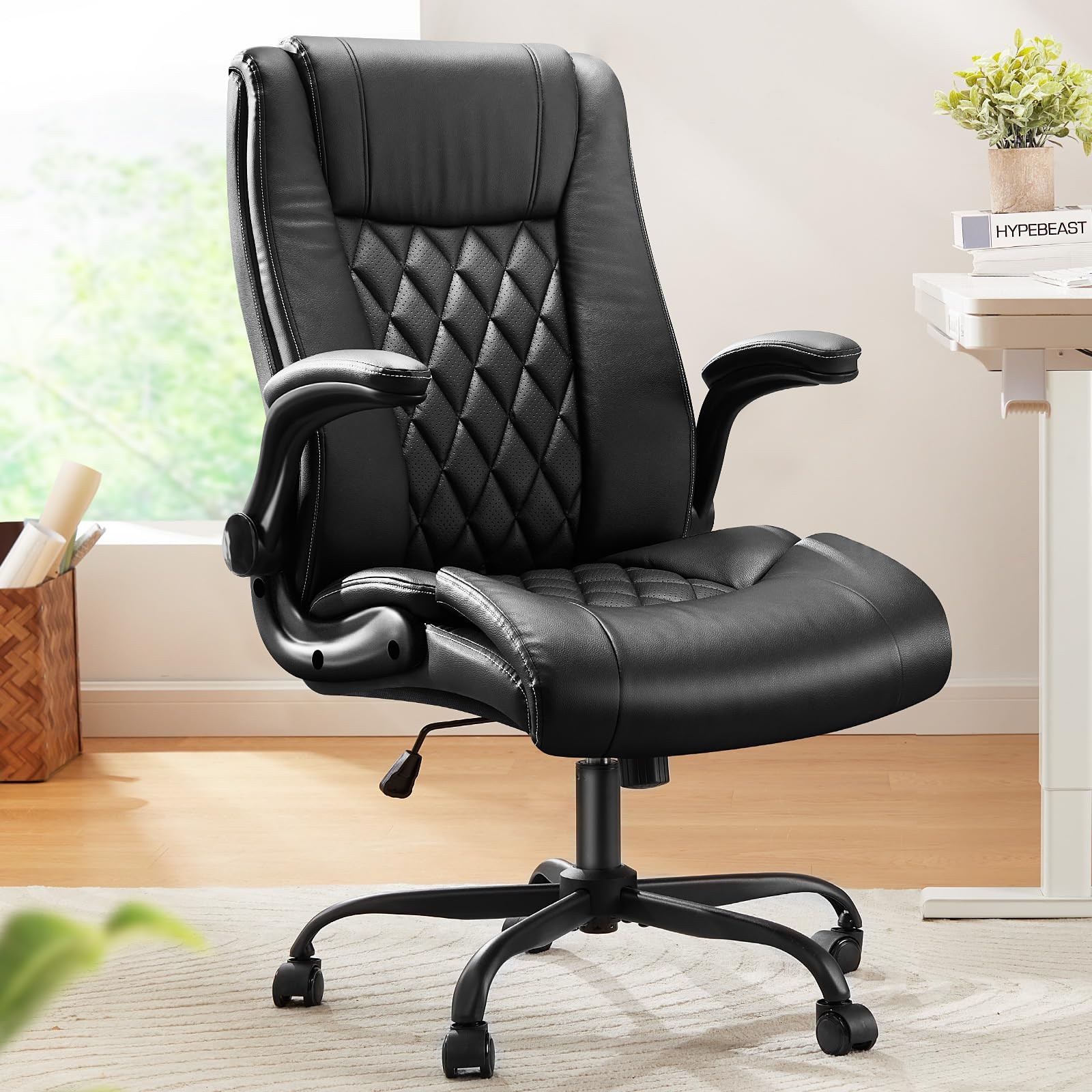 Ergonomic PU Leather Executive Office Chair with Flip-Up Armrests