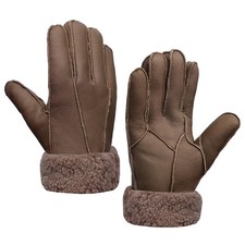 Men Leather Gloves Shearling Sheepskin Fur Lined Men Winter Gloves Medium Brown
