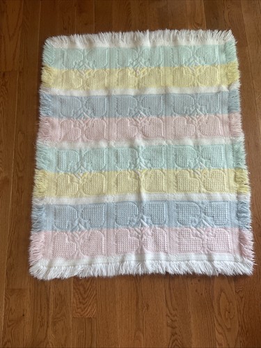Pastels Knit Hearts Throw Afghan Baby Blanket Fringe Heart Woven Waffle 32x40 - Picture 4 of 10