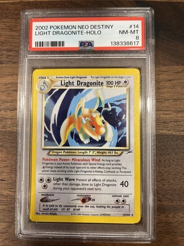2002 Pokemon Neo Destiny Light Dragonite Holo #14 PSA 8