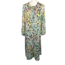 LOFT Size 4 Floral Midi Dress Grey Pastel Button Front Sheer Lined Long Sleeve