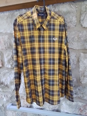 Fred Perry Hemd Größe L gelb schwarz/grau Kariert Baumwolle Herrenhemd 