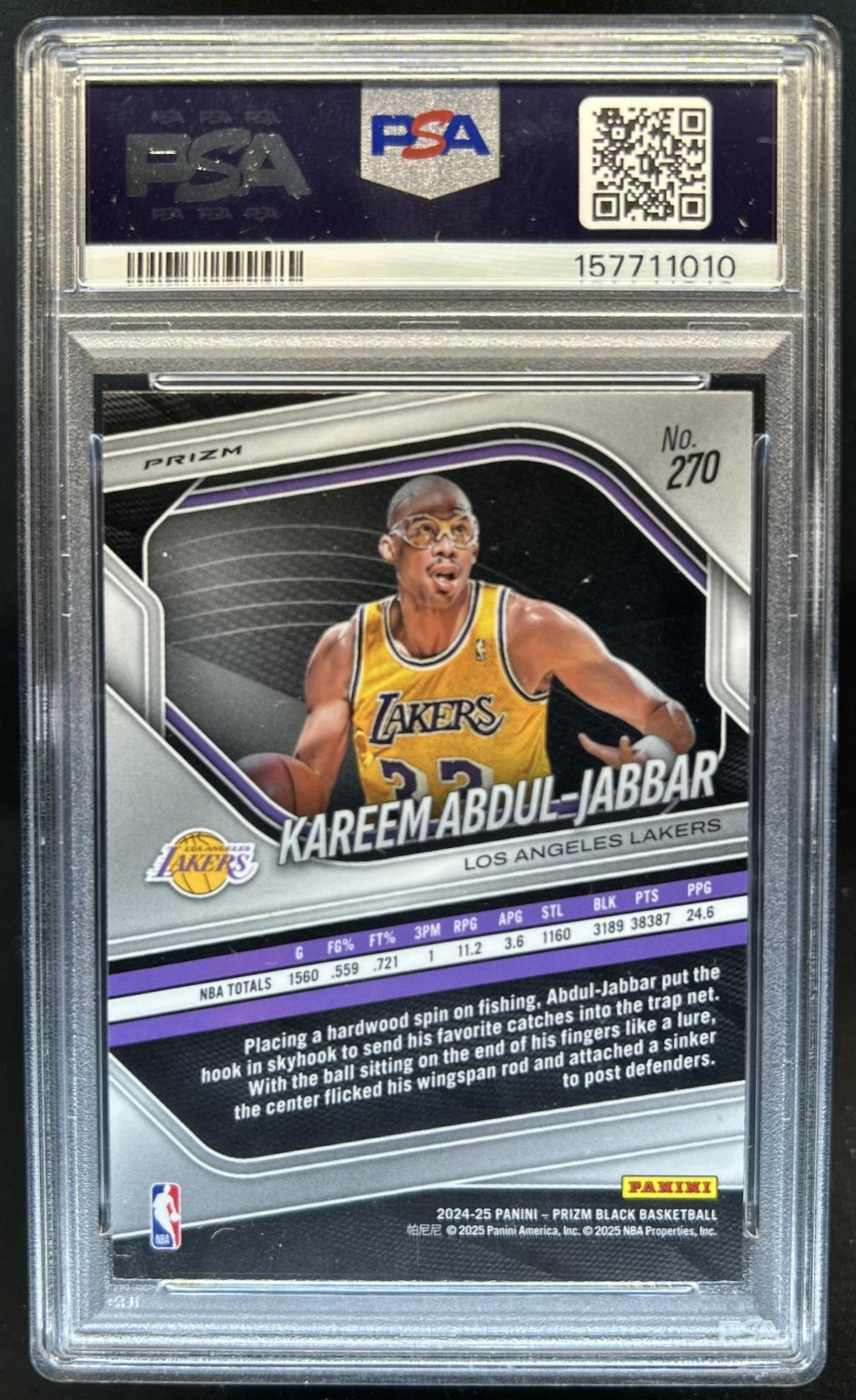 2024-25 Prizm Black Kareem Abdul-Jabbar Legends SSP Snakeskin Prizm #270 PSA 9 view 2