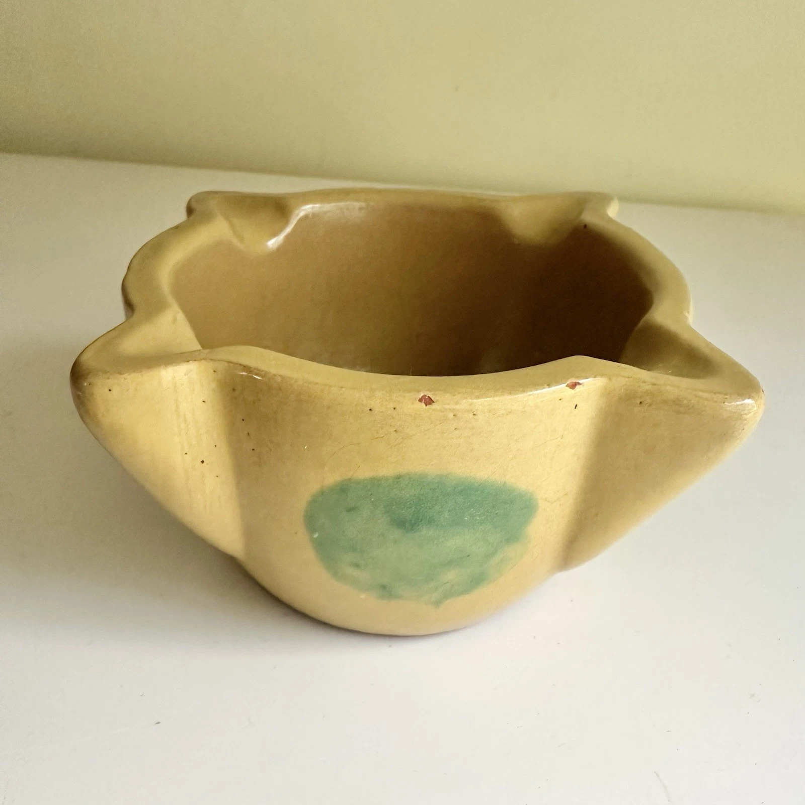VTG Traditional Spanish Yellow Green Glazed Ceramic Mortar or Ashtray Handmade