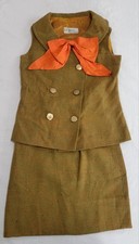 Vintage 60s Mara by Romay Skirt  Vest Suit Set XXS Olive Green Orange Bow Nubby