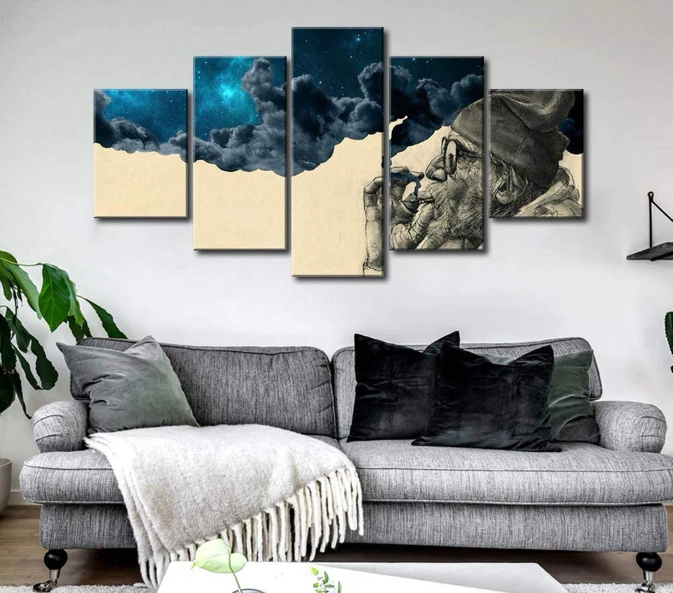 5 面板帆布墙艺术烟雾和奇迹抽象人吸烟星空夜空 — 第 2/3 张图片