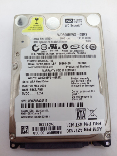 WESTERN DIGITAL *WD800BEVS-08RST2* 80GB* SATA HDD Notebook 2,5 Zoll #NFP1895