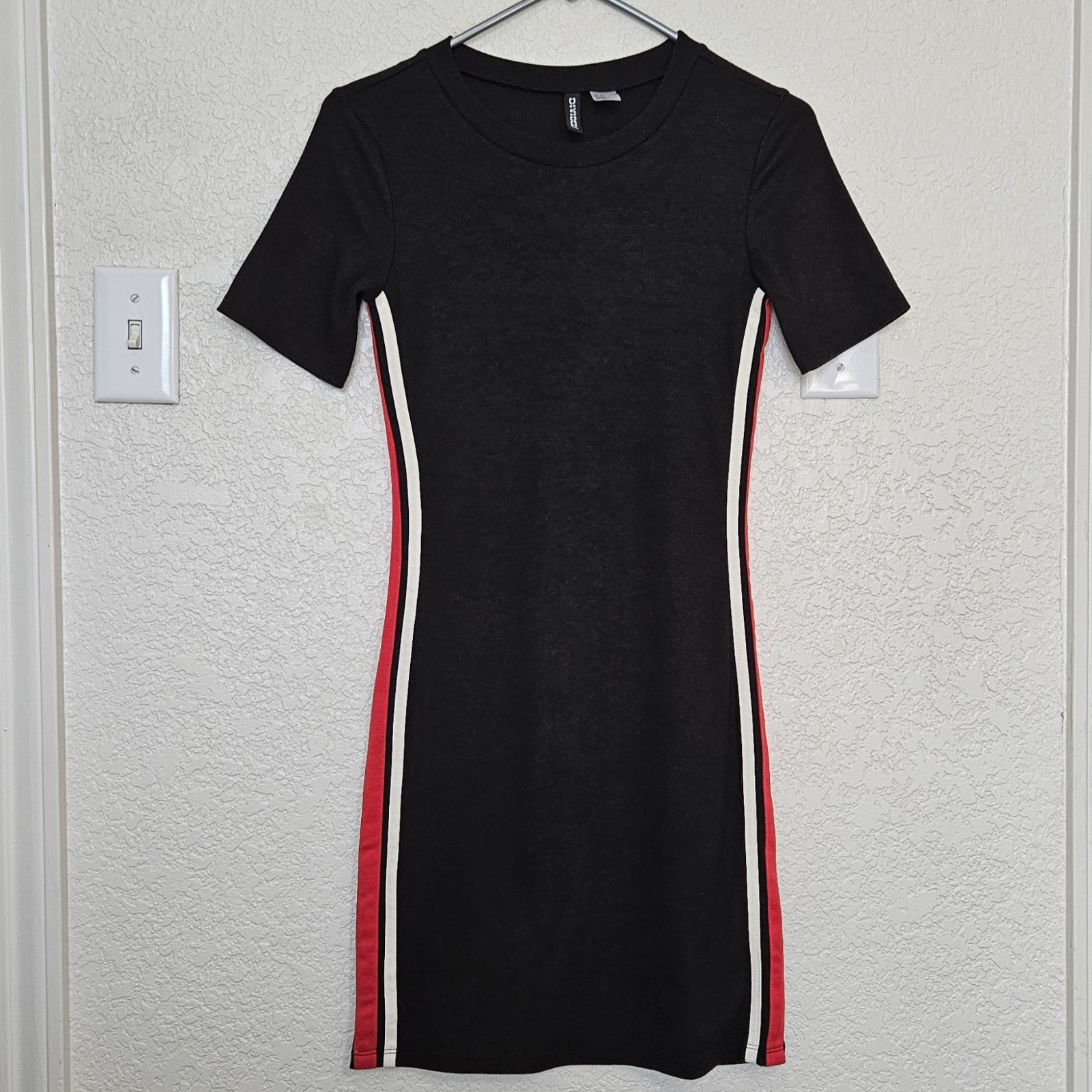 Divided H&M Black Bodycon Pencil Dress Size 6 Side Stripes Red White Ribbed