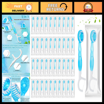 50 Pack Mini Travel Toothbrushes - Pre-Pasted, Floss, Pick & Scraper, Portable