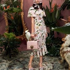 Dolce&Gabbana Dress Pink Lily Print Ruffle Detail Short Sleeve IT38 NWT