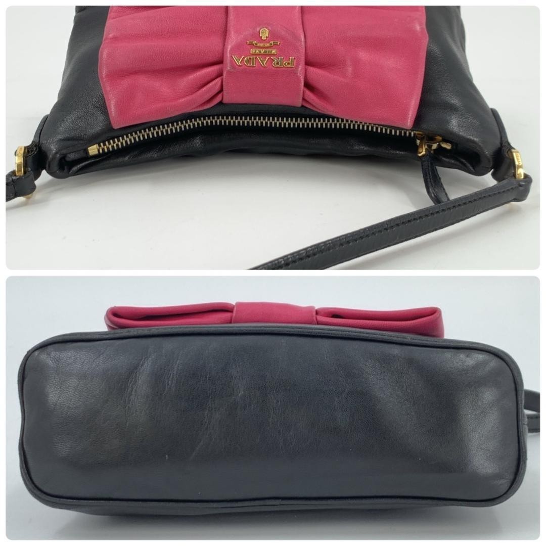 Prada Milano Black Calfskin Hobo Bag With Large Pink Ruched Leather Bow Rare image 4