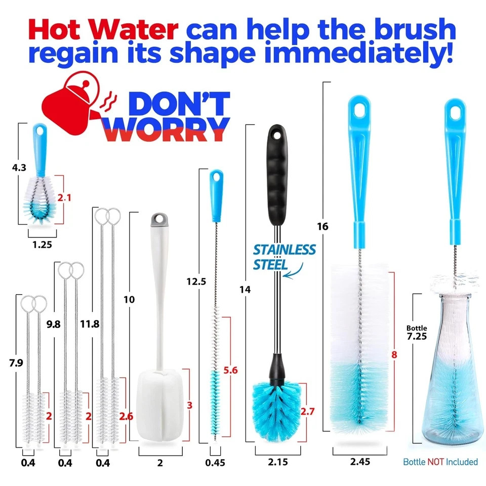 9PCS Bottle Brush Pipe Cleaning Kit Bong Brushes Water Bubbler Hose Tips Cleaner