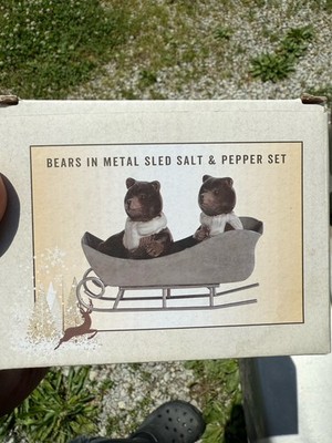 Bears in Metal Sled Salt & Pepper Shakers Animal Theme Brown Gray