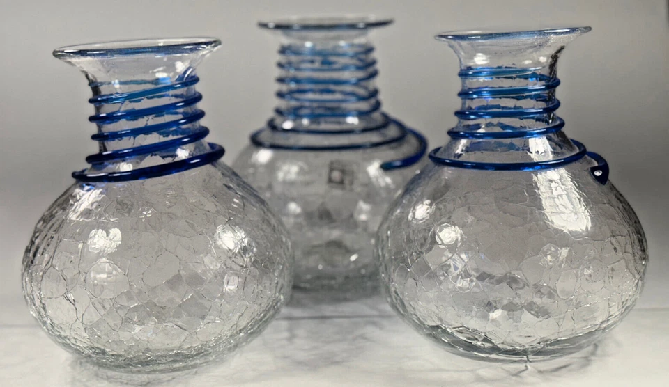 Juego de jarrones de vidrio Blenko azul espiral claro flor craquelada vintage hechos a mano 7 pulgadas Foto 2 de 4