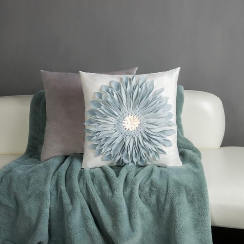 Durable 3D Flower Throw Pillow Cover - Blue Canvas with Ruffle Embellishment - Picture 9 of 9