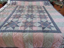 8 POINT STAR TWIN SIZE QUILT 69"x85" BLUE PINK FLORALS CHECKERED ON WHITE