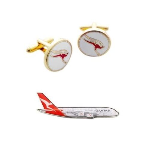 SET OF 2 QANTAS AUSTRALIA RETRO ROUND MENS CUFF LINKS & AIRBUS A380 PLANE PIN - Picture 1 of 1