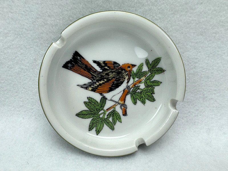 Vintage Bird Ashtray 3 Slot Round Green Side 4 1/2"