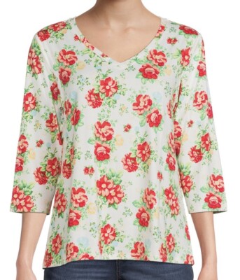 Pioneer Woman Women s Blouse 3/4 Sleeves V Neck Shirt Sweet Garden Floral XL