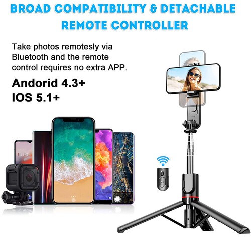 Universal Bluetooth Remote Selfie Stick Tripod Stand W/ 3-Color Fill Light US - Picture 4 of 14