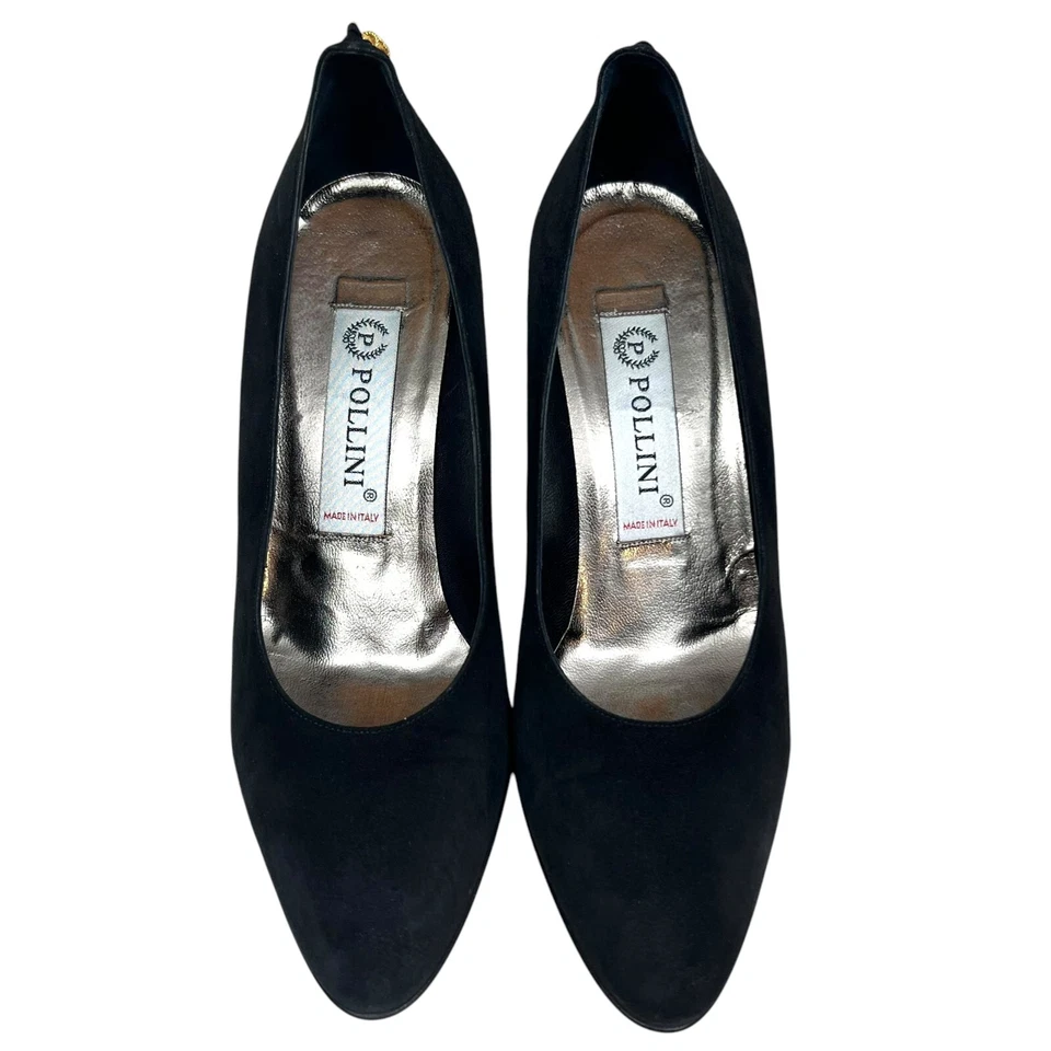 Pollini 女式高跟鞋麂皮绒金色流苏尖头黑色 36.5 意大利制造 — 第 4/4 张图片