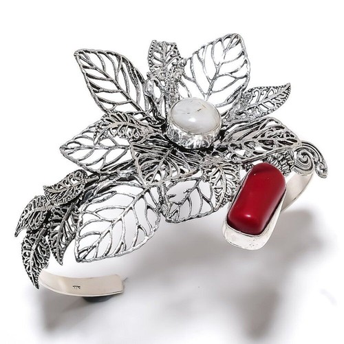 Bracelet Manchette En Argent Sterling 925 Avec Pierre De Lune Arc-en-ciel & Citrine - Fait Main Inde