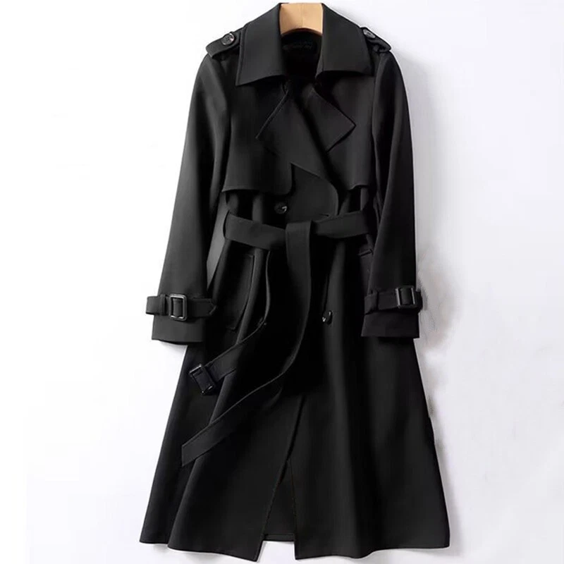 Womens British Double Breasted Lapel Collar Belt Trench Outwear Midi Coat