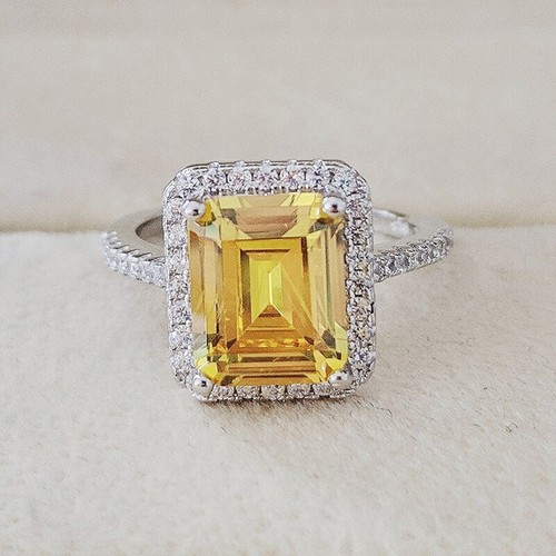 3CT Yellow Emerald Cut Halo Simulated Bridal Wedding Ring 14K White Gold Plated - Picture 4 of 6