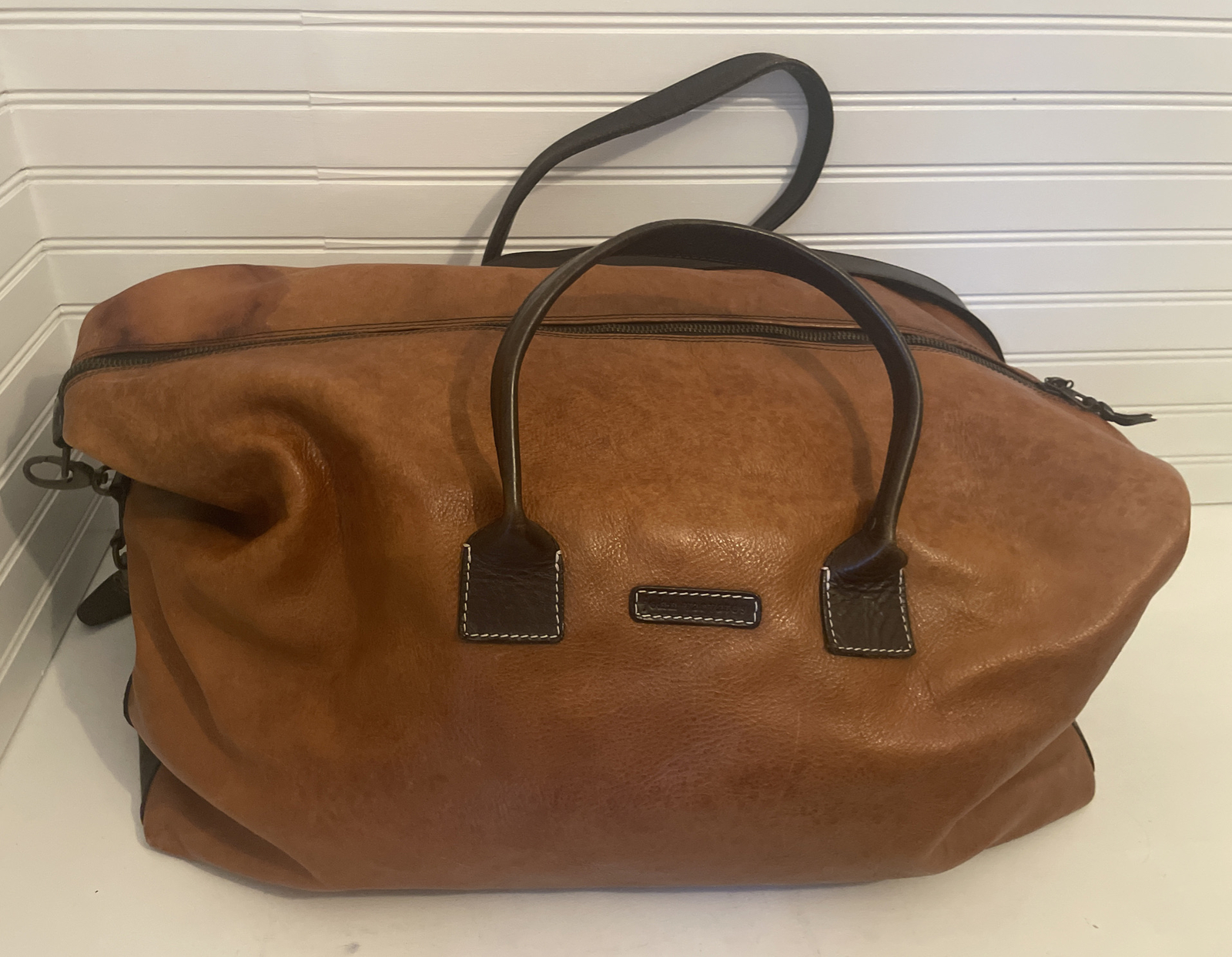 John Varvatos Chestnut Brown Leather Duffle Bag Weekender Large MSRP 1295 eBay