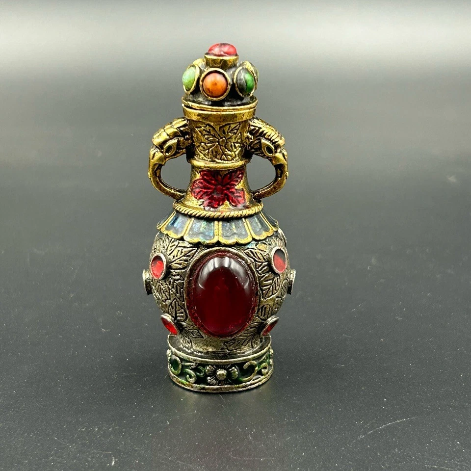 Conjunto de corpo chinês antigo de bronze high-end com garrafa de rapé gema vermelha - Imagem 2 de 4