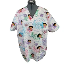 Nick Jr Scrub Top Dora The Explore Bright Colorful Size Large 24" Pit To Pit